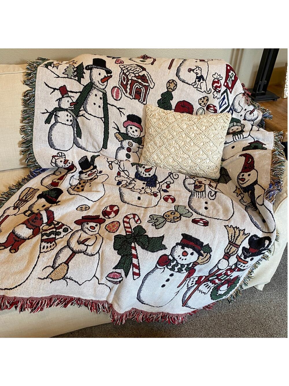 Christmas Whimsical Winter Snowman Tapestry Throw Blanket Fringe 100% Cotton